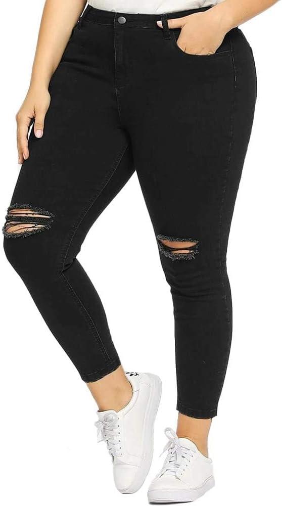 ALLABREVE Womens Plus Size Skinny Jeans Stretchy High Waisted Ankle Jean Ripped Slim Fit Washed Denim Distressed Tight Jean (3X-Large, Ripped Asymmetrical Hem Black)