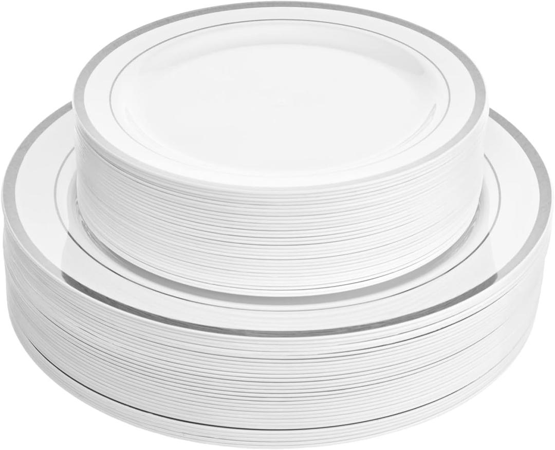 Aya's 100 Silver Rimmed Disposable Plates Set, Heavy Duty  50 Dinner and 50 Dessert Plastic Plates for Party  Elegant White and Silver Design, Durable Tableware for Weddings, Events and Celebrations
