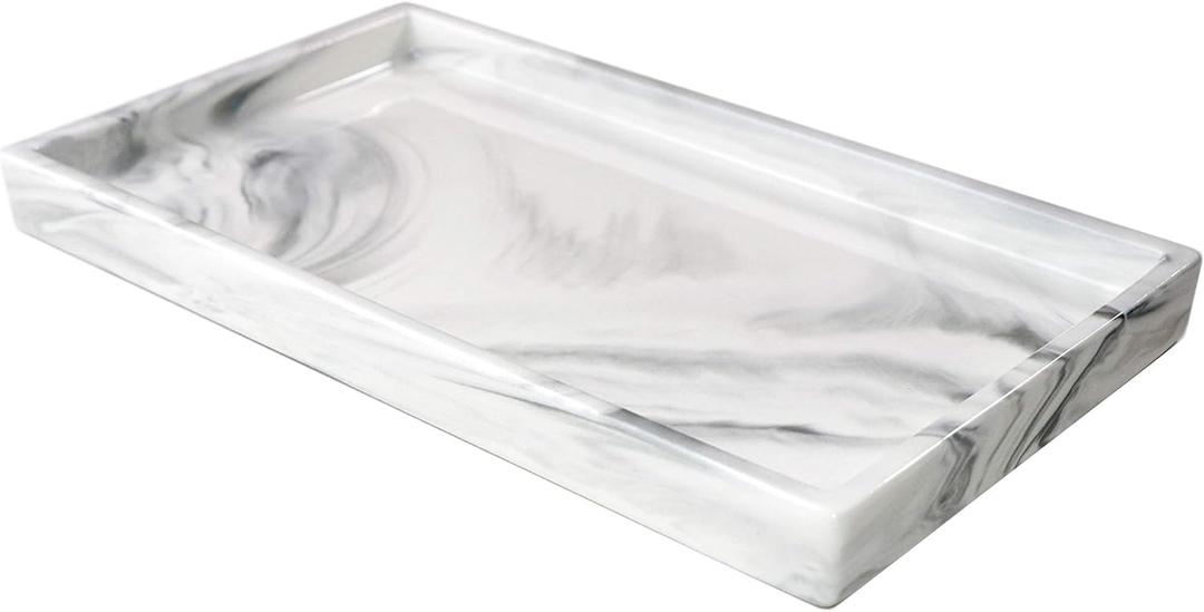 White Marble Bathroom Counter Tray - Ceramic Perfume Organizer and Jewelry Dish for Vanity Dresser (11" x 6.3" x 1")