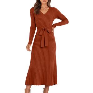 ANRABESS Womens Long Sleeve Fall Dress 2025 V Neck A-line Tie Waist Ribbed Knit Bodycon Midi Sweater Dresses Rust Small