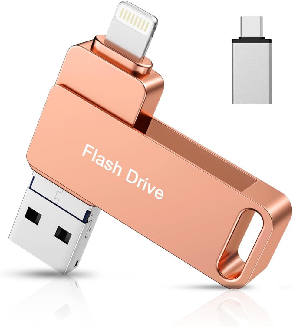 MFi Certified 512GB Photo Stick, 3 in 1 USB Flash Drive for iPhone Memory Stick with Photo Backup Drive, High Speed USB Thumb Drive Storage for iPhone/iPad/Android/PC Pink