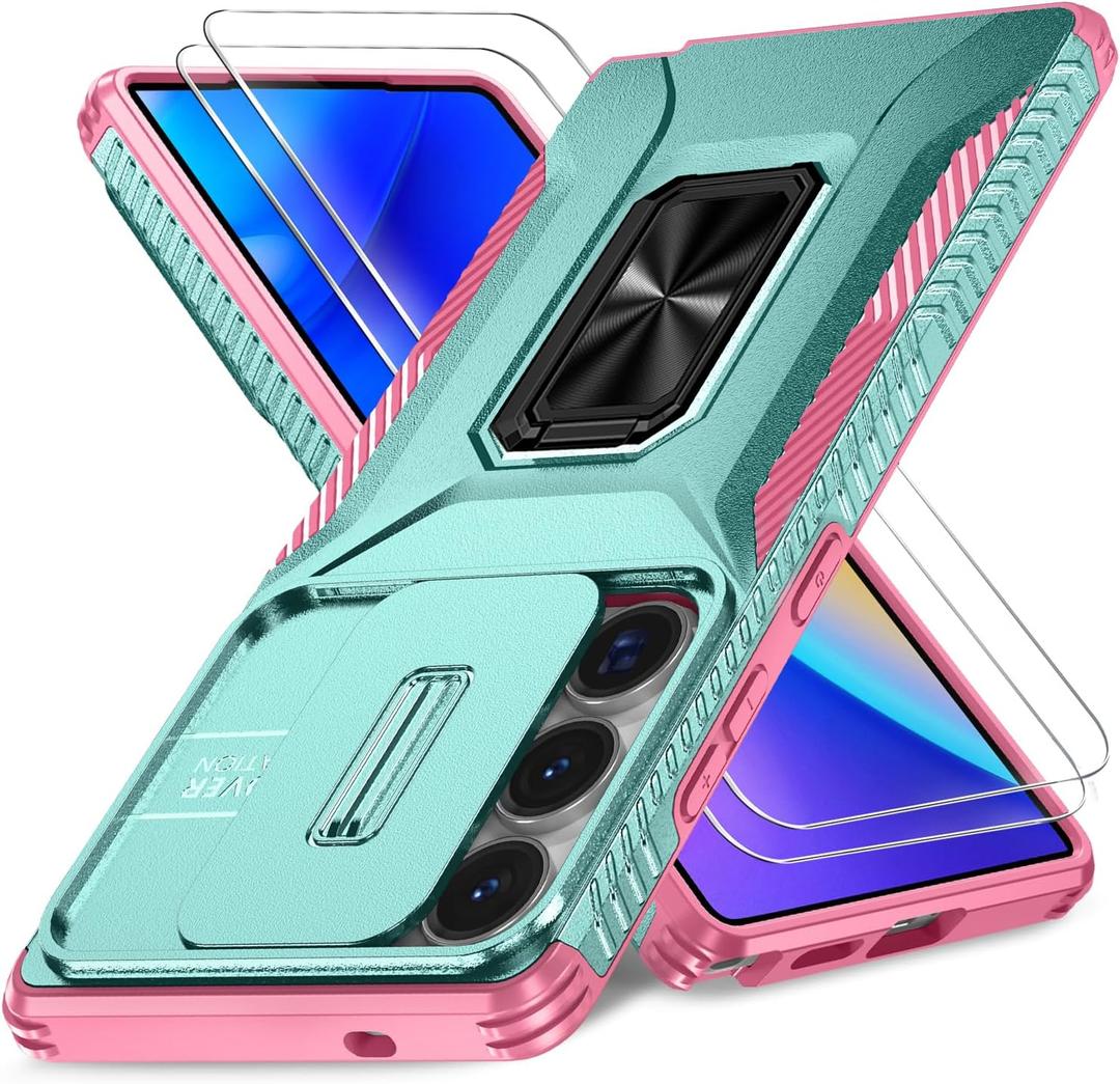 Case for Samsung Galaxy S25 Ultra with Slide Camera Cover+Screen Protector(2 Packs), Military Grade Shockproof Protective Cover, Rotated Ring Kickstand(A - Celadon+Pink)