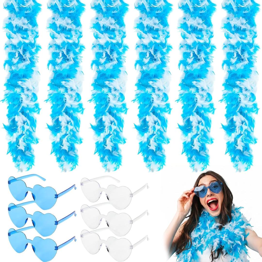Relaxweex 12 Pcs 6.6 ft Turkey Chandelle Feather Boas & Heart Rimless Sunglasses for Wedding Party Women Costume Decoration