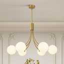 6-Light Modern Gold Sputnik Chandelier Mid Century Brushed Brass Light Fixture with Milk Glass Globes for High Ceiling Dining Room Kitchen Island Living Room, 6-Lights/D31.5 ''