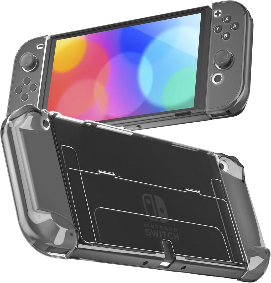RHOTALL 3 in 1 Protective Black Clear Case Cover for Nintendo Switch OLED, Dockable Skin for Switch OLED and Controller, Comfort Grip Shell with Shock-Absorption and Anti-Scratch Design