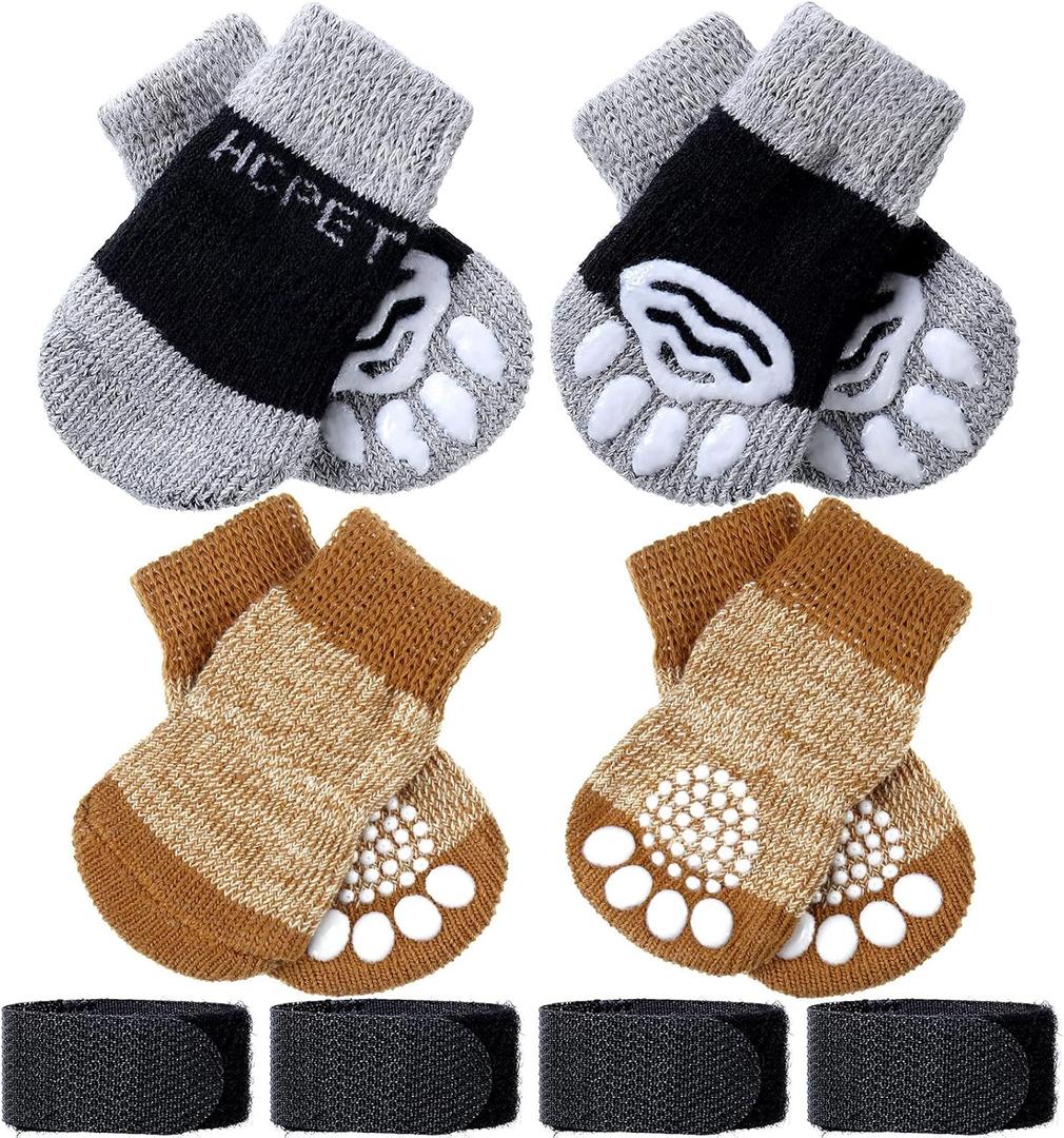 Frienda 8 Pieces Anti-Slip Socks for Cats Small Dog Socks to Prevent Licking Paws, Traction Control Boots Paw Protectors for Hardwood Floors for Puppy Small Dogs and Kittens(S,Black-Grey, Khaki)