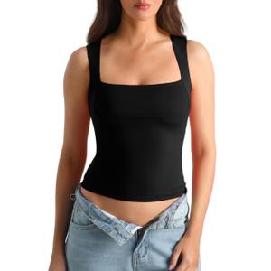 HOYAYO Women's Square Neck Sleeveless Double-Layer Tank Tops Y2K Basics Outfit Tee T Shirts Black S