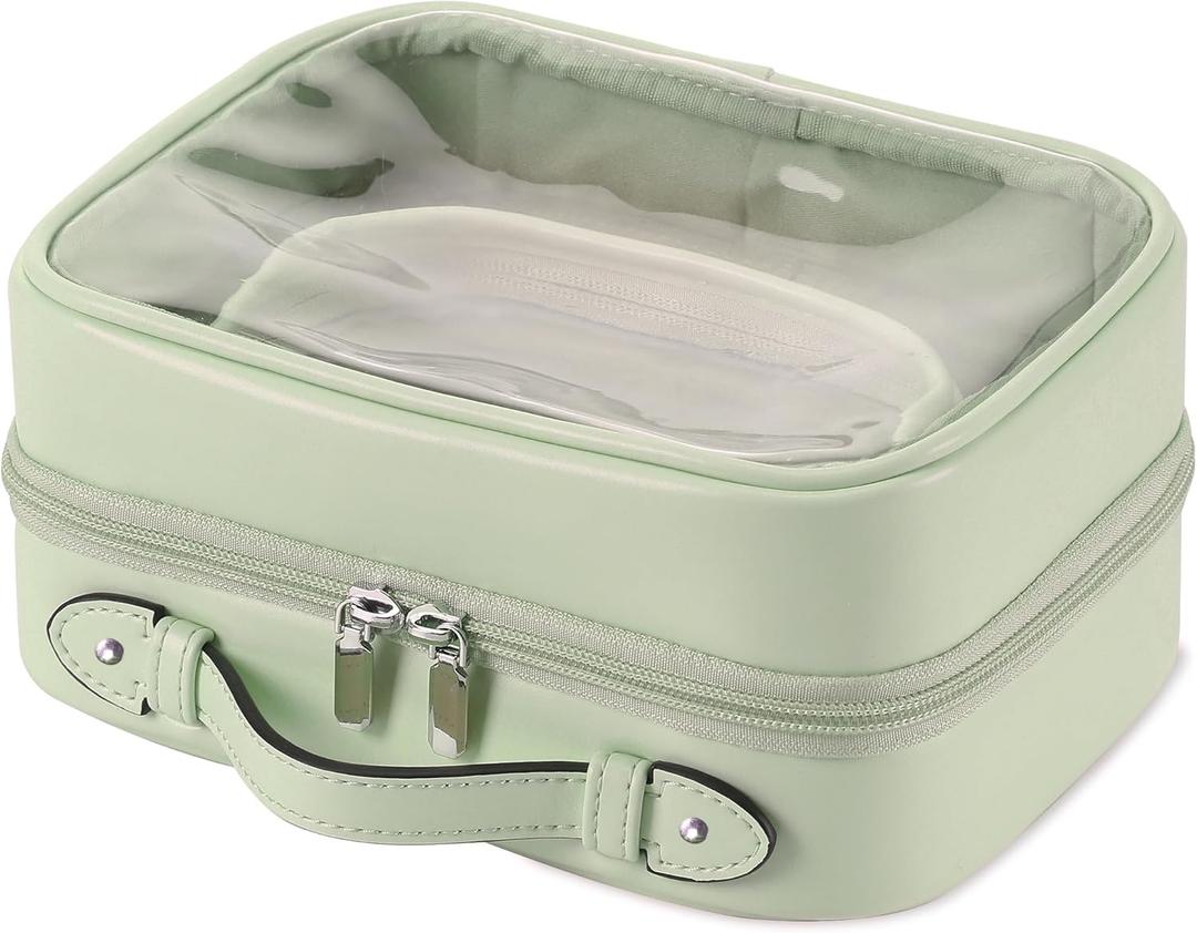 Clear Cosmetic Bag Double Layer Travel Toiletry Bag Clear Makeup Bag Case with 4 Compartments, Transparent Travel Bag for Toiletries, Large Toiletry Bag for Women Cosmetic Case (Sage Green, Small)