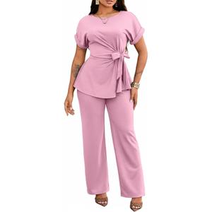 Ekaliy Women's 2 Piece Outfits Short Sleeve Peplum Top Flared Pant Business Suit Set Dressy Pantsuits, Medium