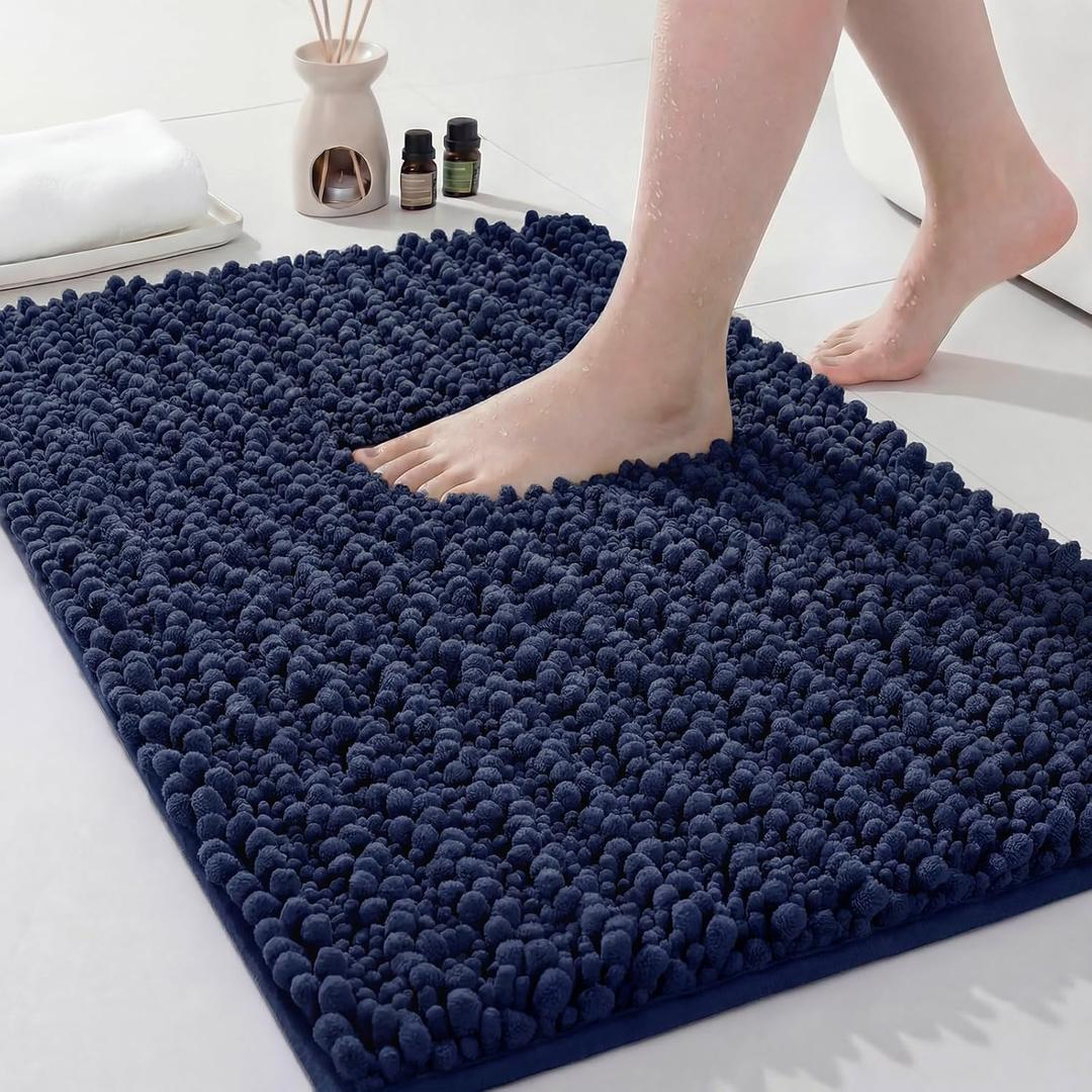 Disolla Navy Blue Bathroom Rug 20x32 Inch - Luxury Chenille Bath Mat, Thick Shaggy Plush Absorbent Rug, Non-Slip Machine Washable Mats for Bathroom Floor & Decor