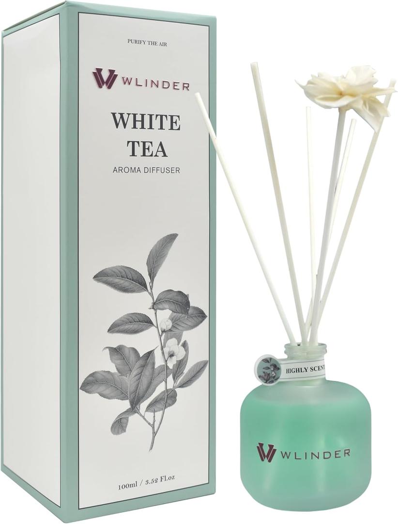 Premium Reed Diffuser Set - Room Freshener & Aromatherapy Diffuser for Homes | 100ml Glass with 5 Rattan Sticks & Flower Rattan | Smokeless, Toxin-Free | Lasts Up to 35 Days (White Tea)