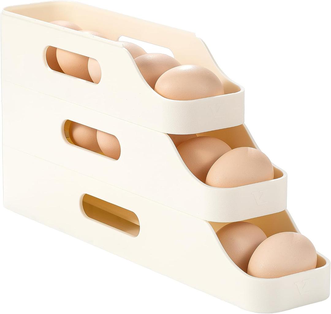 Li&Zhao Rolling Egg Dispenser for Refrigerator - Automatic Egg Holder for Fridge Space Saving Egg Tray Organizer for Countertop, Kitchen Storage(White)