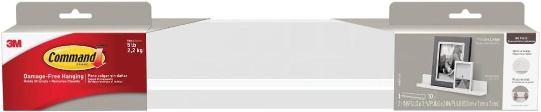 Command Picture Ledge, 21" Damage Free Hanging Floating Shelf with Adhesive Strips, Quartz, No Tools Picture Hanger for Displaying Decorations and Photographs, 1 Ledge and 10 Command Strips