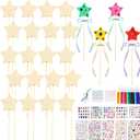 72 Pcs Unfinished Star Princess Fairy Wands Kit Make Your Own Princess Wand DIY Art Craft Magical Wand Include 24 Star Wooden Fairy Wands 12 Gem Stickers 24 Ribbons 12 Markers for Kids Party Supplies