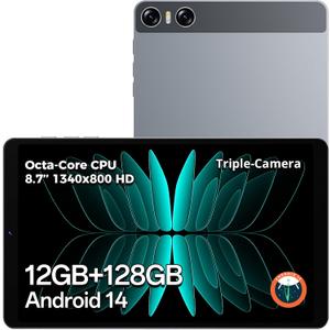 Tablets Android 14, 8.7-Inch Tablet, Octa-core Processor 12 GB RAM 128 GB Storage(Expandable), 1340x800 IPS Touchscreen, Type-c 5000 mAh Battery, 2.4/5 GHz WiFi, BT 5.0