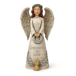 iStatue Christmas Angel with Rabbit Figurine – Resin Holiday Decoration with “Christmas is Love” Message, 5" Tall Guardian Angel Statue, Tabletop Winter Décor for Home Mantel Shelf Gift (Beige)