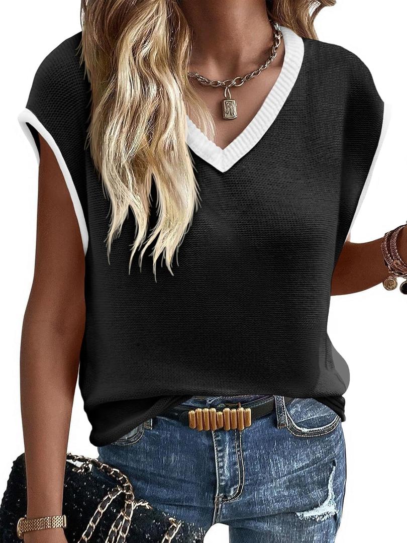 Imily Bela Summer Cap Sleeve Sweater Vest for Women Casual V Neck Sleeveless Knit Pullover Tank Tops 2025 Spring Shirts (Small, Black)