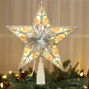 Brizled Silver Christmas Tree Star Topper, 9'' Dual-side 3D Christmas Star Topper with 10ct Warm Lights, Glittering Xmas Treetop, UL Certified Lighted Xmas Star Ornament for Tree Home Holiday Decor