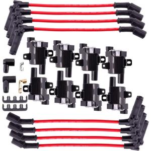 MAS Set of 8 Round Ignition Coils Pack UF262 & 748UU 8.5mm Spark Plug Wire Set Compatible with Chevy Hummer H2 Cadillac GMC Yukon Silverado Sierra 1500 4.8L 5.3L 6.0L Replacement for C1512 D585