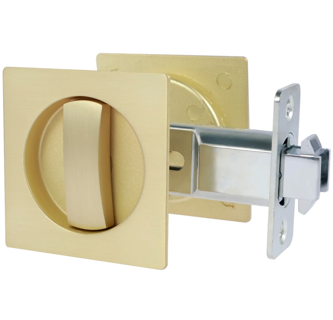  Sliding Square Pocket Door Lock with Privacy Color Indicators, 2-3/8" Backset, Fits Standard 2-1/8'' Bore Size and Door Thickness of 1-3/8" to 1-3/4", No-Handed, (Gold)