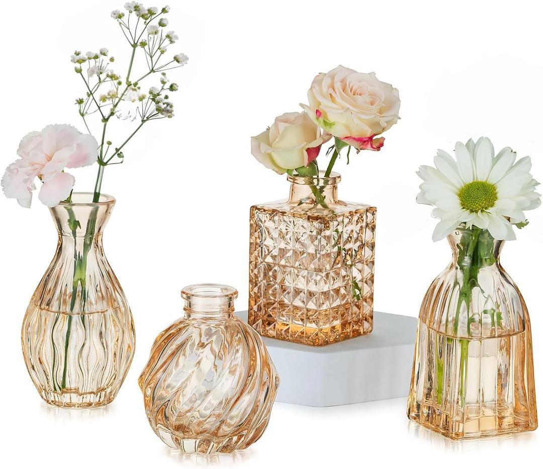 Hewory Small Glass Vases for Flowers: Set of 4 Mini Bud Vases for Tables Centerpieces - Vintage Flower Vase for Wedding Party Home Decor(Champagne Rose Gold)