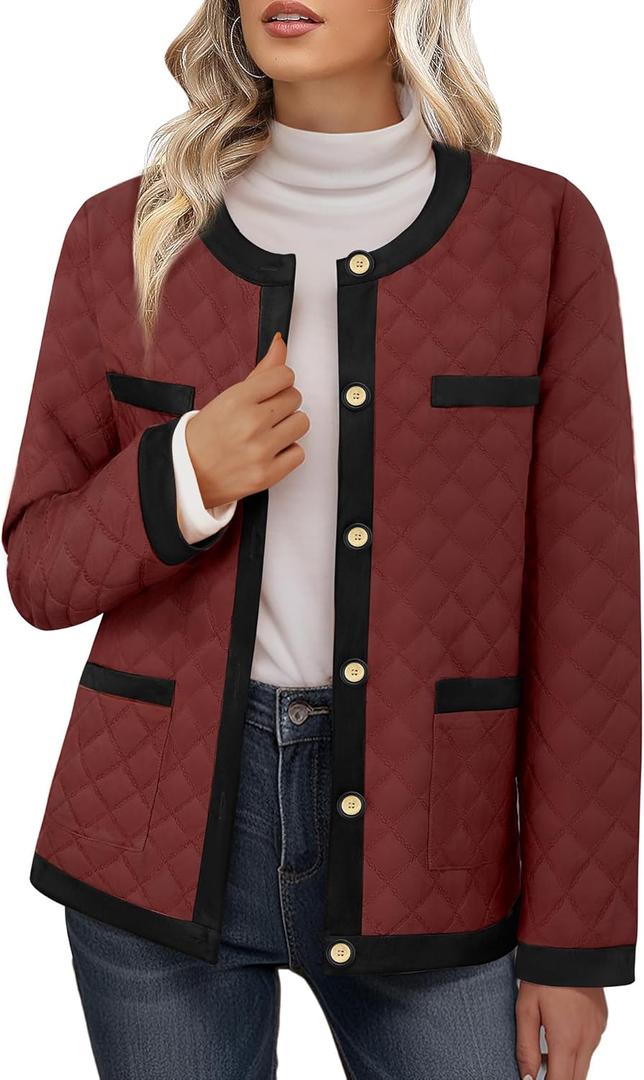 Bebonnie Women's Diamond Quilted Jacket Crew Neck Lightweight Long Sleeve Button Down Winter Coats with Pockets (Red, XL)