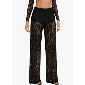 Women's Y2K Floral Lace See Through Pants Sheer Straight Leg Long Pants Club Wear, Size Small