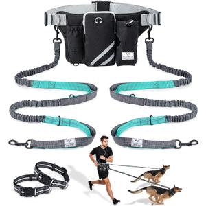 SHINE HAI Retractable Hands Free Dog Leash with Dual Bungees for 2 Dogs, Adjustable Waist Belt Fanny Pack, Reflective Stitching Leash for Running Walking Hiking Jogging Biking Black