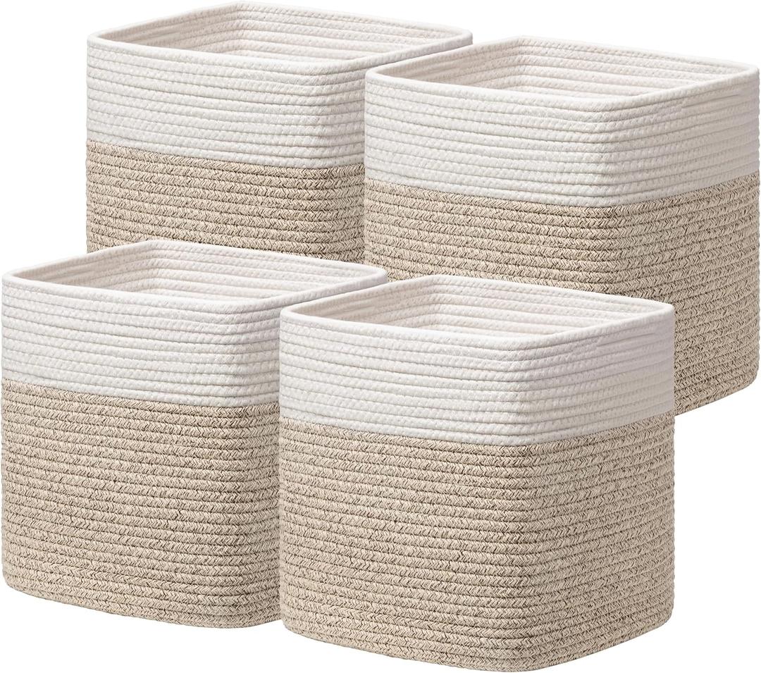 joybest 13x13x13 Inch Cube Storage Bins Set of 4, Cotton Rope Woven Organizer Basket for Shelves, Cube Bin Square Shelves Organizer Closet Storage, Nursery, Toy Organization, Brown&White