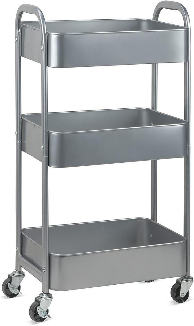 MAX Houser 3-Tier Rolling Utility Cart with Caster Wheels,Easy Assembly, for Kitchen, Bathroom (Silvery-Grey), 12"D x 17.15"W x 31"H
