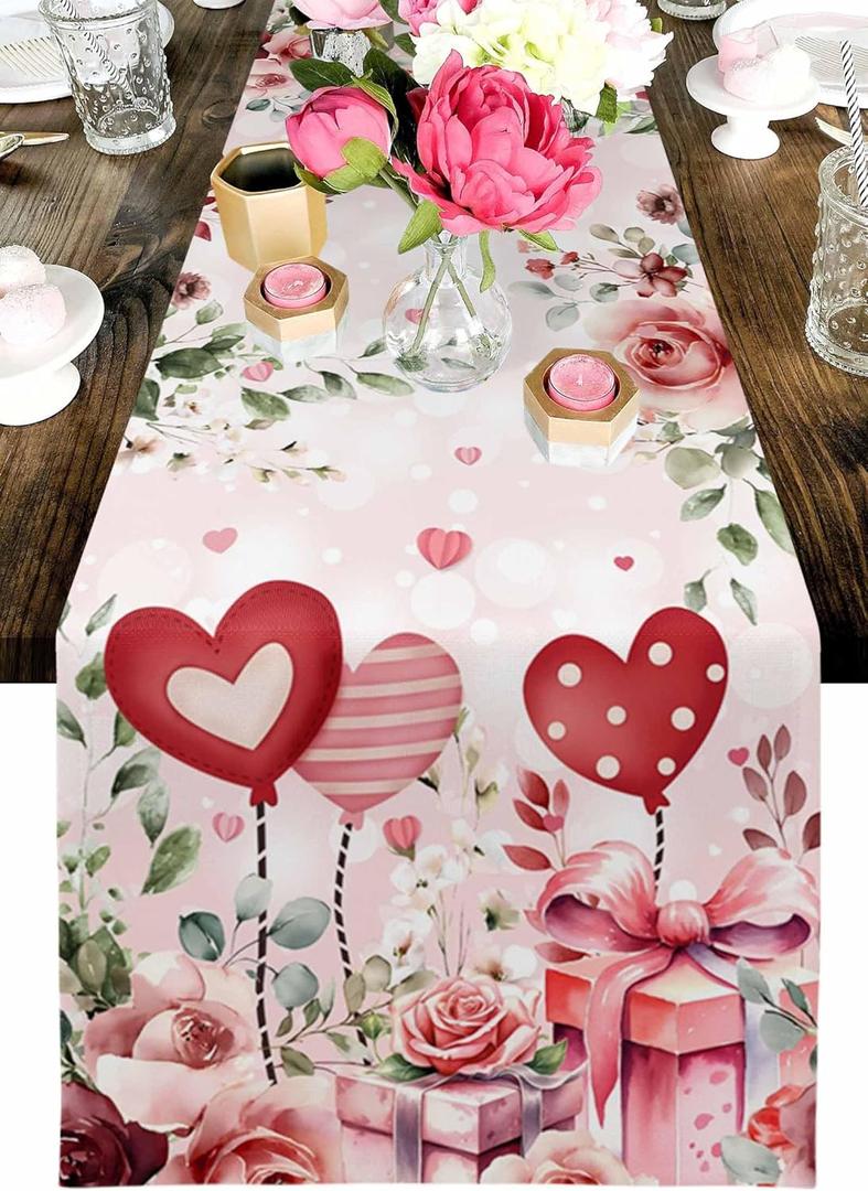 Valentines Table Runners Roses Flower Table Runner for Dining Table Red Pink Heart Valentine's Day Runners for Table Holiday Anniversary Wedding Kitchen Dining Table Decorations, 13x70 inch