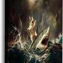 Cat Riding a Shark, Victorian painting, Funny Altered, Eclectic Printposter, Bathroom Wall Decor16x24inch Framed Art