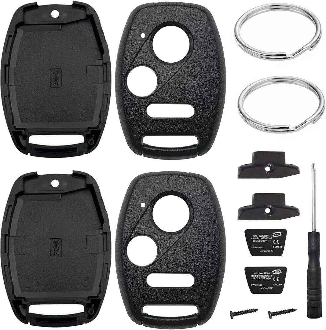 2 Pack Key Fob Shell Case Replacement for Honda Civic LX Accord Crosstour Coupe CR-V CR-Z Pilot Fit Insight Ridgeline Odyssey 2005-2017 3 Button Keyless Entry Remote Key Pad Cover - NO Cutting Require