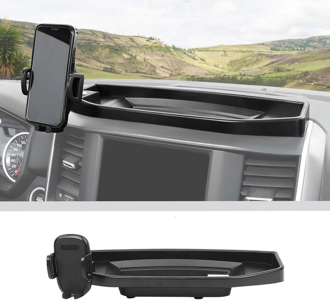 JWWY Phone Holder Mount with Storage Tray Central Dashboard Phone Mount with Storage Bin Fit for 2018-2025+ Dodge RAM 1500 2500 3500 Interior Accessories Black