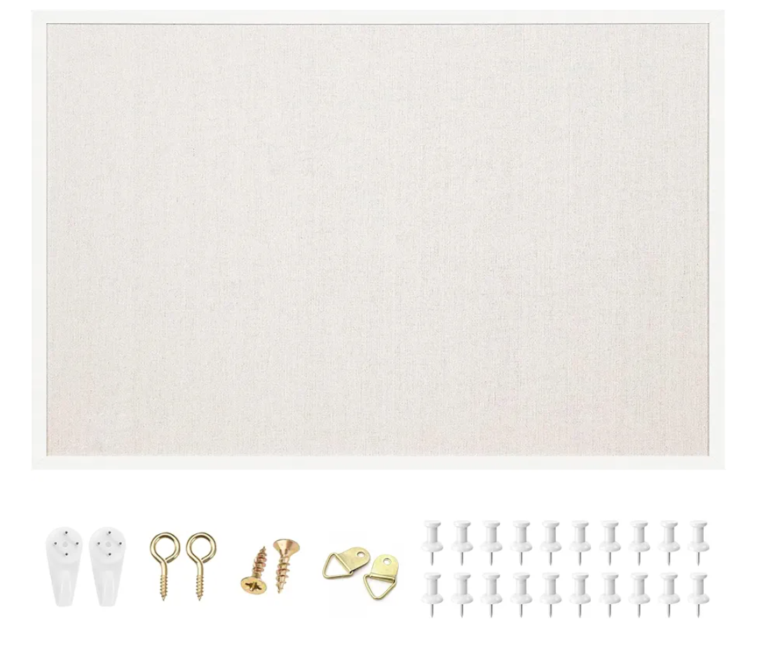 OWLKELA 24'' x 36'' Linen Bulletin Board, White Framed Corkboard, White Oak Frame Linen Cork Board, Vision Board and Decorative Hanging Pin Board
