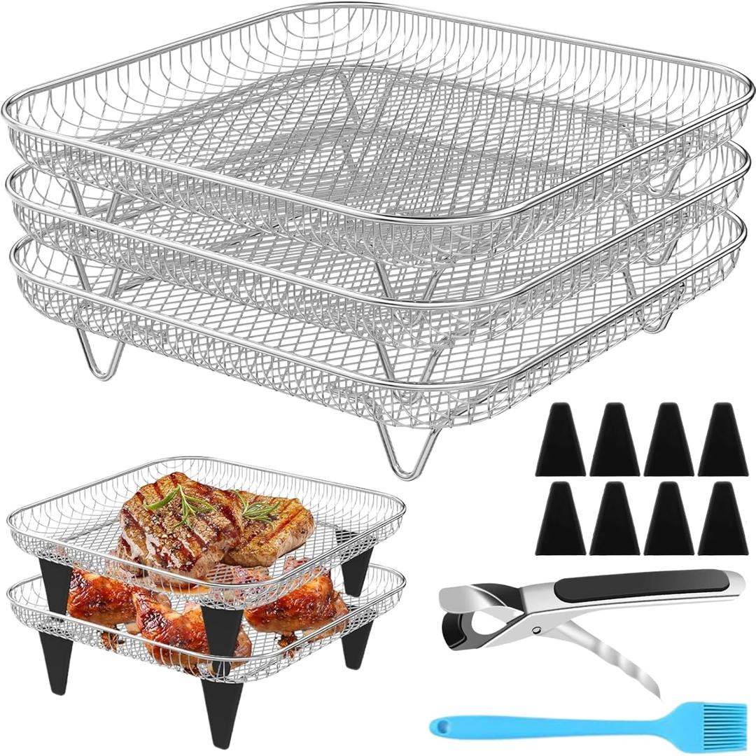 Air Fryer Accessories with 8pcs Foot Cover - 8" Square 3 Stackable Dehydrator Racks Fits 5.8 QT Air Fryer Racks for Cosori, Instant Vortex, Nuwave, Ninja Foodi Grill 304 Stainless Steel