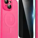 Privacy Case for iPhone 15 Plus,Magnetic iPhone 15 Plus Phone Case with Privacy Screen Protector X2 & Camera Protector [Compatible with MagSafe],Translucent Matte Shockproof Cover-Rose Red