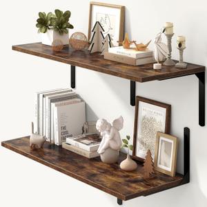 Fun Memories Rustic Brown 12 Inch Deep Floating Shelves Set of 2, Wall Mounted Shelf with Metal Brackets, Rustic Wood Wall Shelf for Bathroom, Kitchen and Living Room, Rustic Brown, 36W x 12D