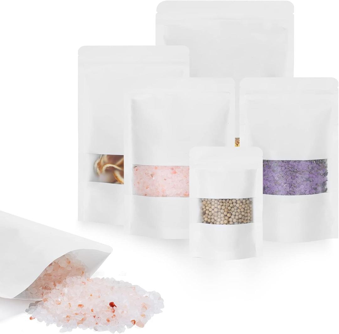 100pcs Kraft Bags with Window 3.5x5.5 Inches White Reusable Sealable Zip Lock Food Storage Stand up Paper Pouches for Home or Business