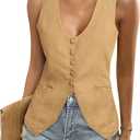 Tankaneo Womens Scoop Neck Blazer Vest Summer Linen Sleeveless Fitted Waistcoat Work Casual Cotton Suit Tops (Medium, Camel)