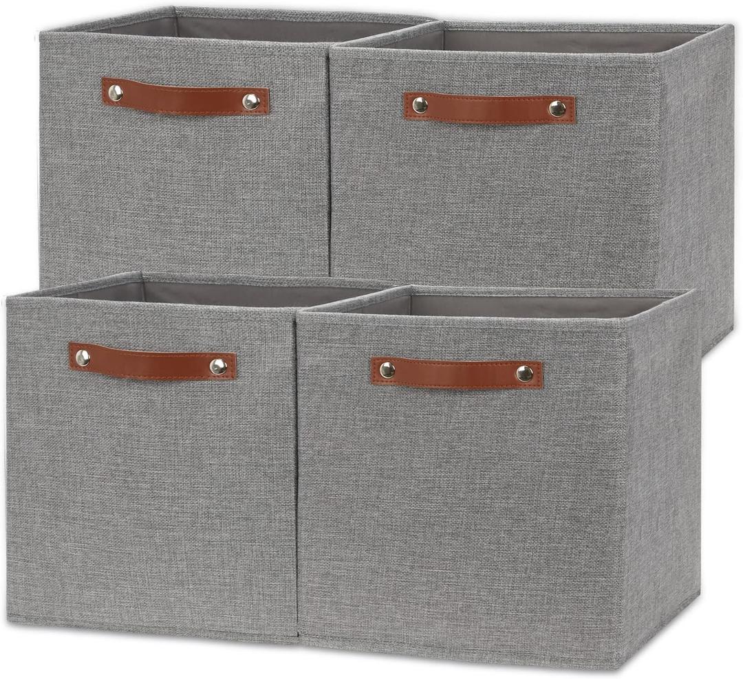Temary 12x12 Storage Cube Bins 4 Pack Fabric Storage Cubes Storage Bins with Leather Handles, Storage Baskets Foldable Cube Organizers Bins for Home (Grey) (121212, Gray)