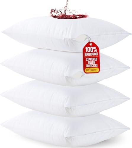Utopia Bedding Waterproof Queen Size Pillow Protectors Zippered (4 Pack, White), Dust Mite and Bed Bug Proof Pillow case Protectors, Moisture Wicking Pillow Encasement Covers 20 x 28 Inches