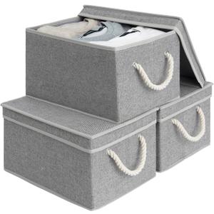StorageWorks Storage Bins with Lids, Decorative Storage Boxes with Lid and Soft Rope Handles, Foldable Storage Baskets for Closet, Shelves, Stackable, 3-Pack, Gray, Large
