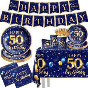 50th Birthday Decoration Men-142pcs Navy Blue and Gold Birthday Tableware Set(Serve for 20) Include Happy 50th Birthday Banner Plates Cups Napkins Tablecloth for Men 50th Birthday Party Supplies (50)