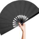OMyTea Bamboo Large Rave Folding Hand Fan for Men/Women - Chinese Japanese Kung Fu Tai Chi Handheld Fan with Fabric Case - for Performance, Decorations, Dancing, Festival, Gift (Black)