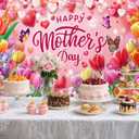 Mother's Day Backdrop Happy Mother's Day Party Decor Banner Supplies Heart-Shaped Balloon Floral Tulip Butterfly Pink Photography Backdrop,Holiday Wall Decor for Indoor Outdoor Garden Yard 7x5ft