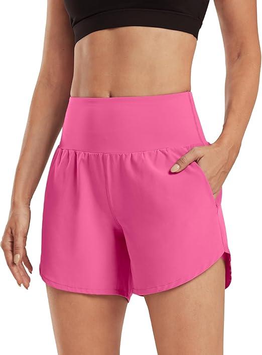 G4Free Workout Shorts Women Breathable Lightweight Casual Shorts High Waist Loose Running Woven Short Pants with Pockets(Rosy Pink,S)