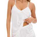 Fivali Women Silk Satin Pajamas Set: 2 Pcs Silk Pjs Cami Ruffle Shorts Set Sleepwear, S-XXL (White, XXL)
