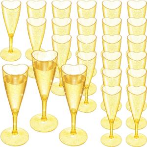 24 Pcs Heart Shaped Champagne Flutes Wedding Plastic Goblet Cups 4.4oz Disposable Toasting Glasses Wine Cups for Galentine Bachelorette Wedding Bridal Shower Party(Glitter,Gold)