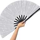 GeGeYa Large Folding Fan-Hand Fan Popping Fan for Line Dancing Clacking Fans for Boots On The Ground Dance, Party,Outdoor,Decoration (Silver Glitter) set of 3
